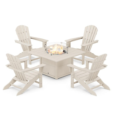 POLYWOOD Palm Coast 5-Piece Adirondack Chair Conversation Set w/ Fire Pit Table - Sand